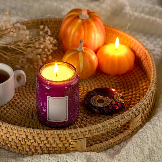 Large Purple Embossed Glass Candle Container with Tin Lid