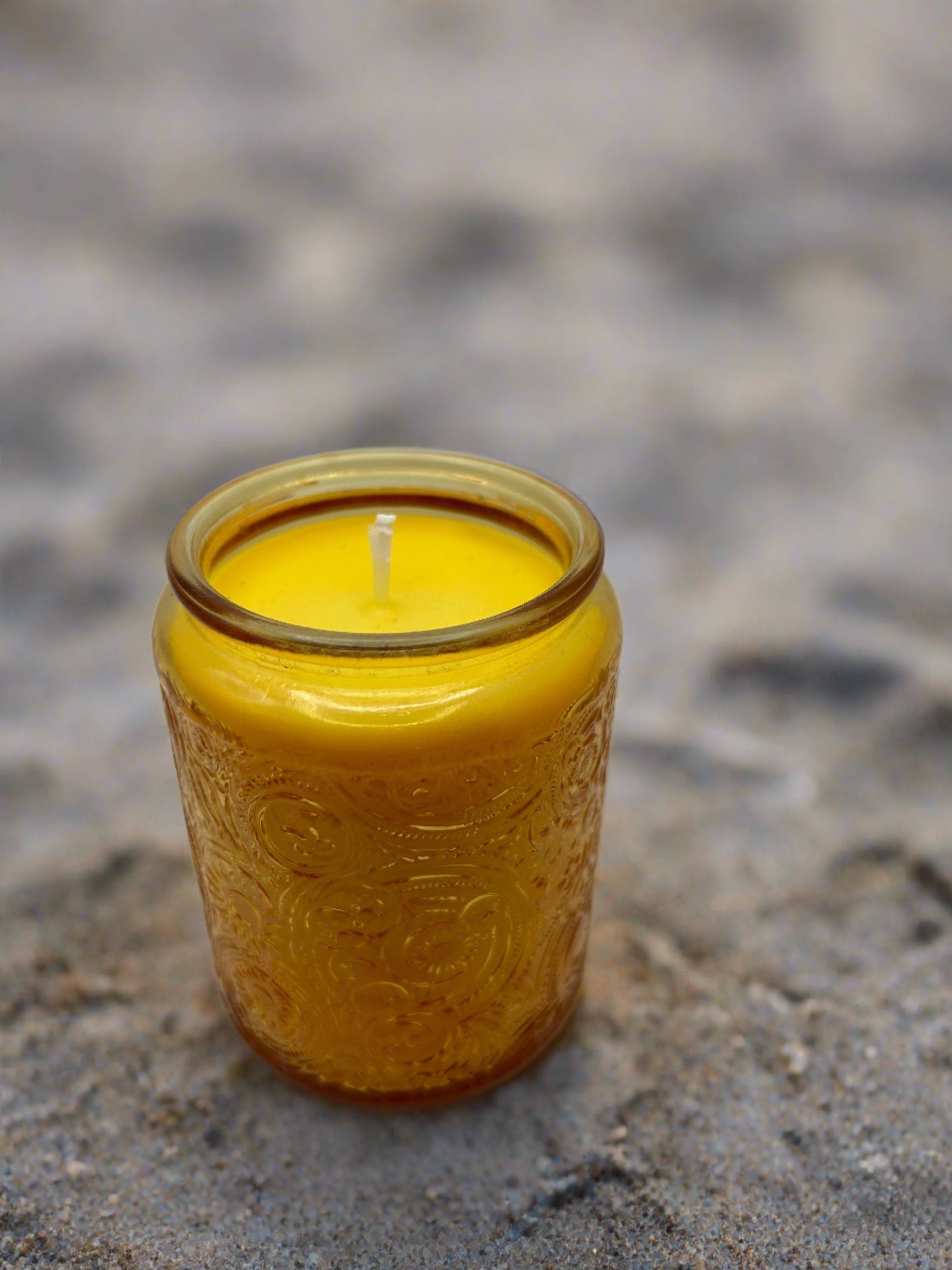 Large Clear Glass Embossed Yellow Zen Paradise Candle